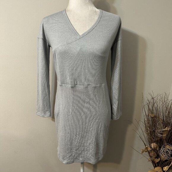 Unbranded Bodycon Mini Dress Ribbed Faux Wrap Long Sleeves Gray Metallic Sz L - Picture 1 of 6